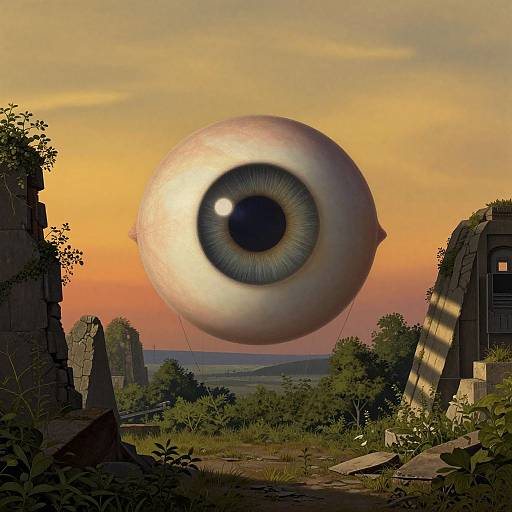 Digital artwork: A giant, floating human eye with a detailed iris dominates a sunset sky over a ruinous, overgrown landscape.
