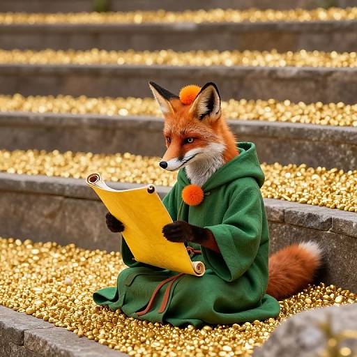 Photorealistic digital art of an anthropomorphic fox in a green robe, sitting on golden steps, reading a yellow scroll.