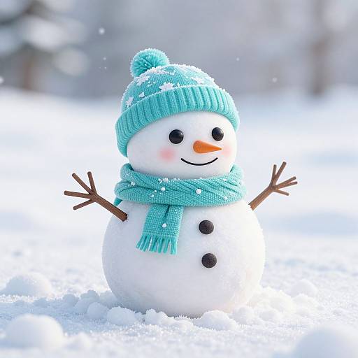Photograph of a cheerful snowman with a blue knit hat and scarf, black buttons, orange carrot nose, and stick arms, standing in a snowy