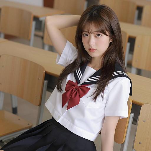 Asian Schoolgirl in Japanese Uniform Sitting in Classroom