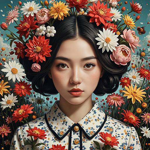 Portrait of Young Woman Surrounded by Vibrant 3D Flowers