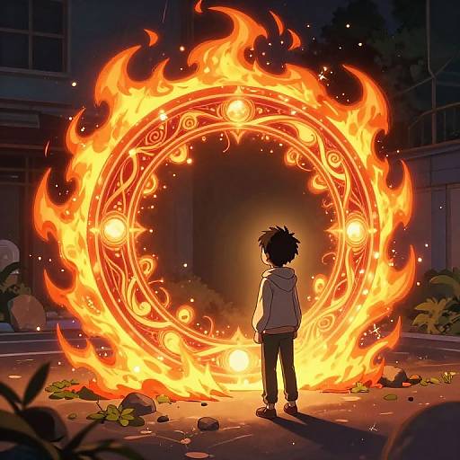 Anime-style digital drawing of a boy standing before a glowing, fiery magical circle with intricate patterns in a nighttime urban setting.