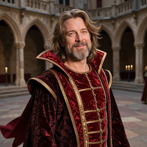 Middle-aged man with gray beard and shoulder-length hair, wearing a rich red velvet and gold-trimmed medieval robe, stands in a dimly lit