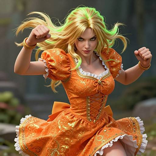 Digital art of a fierce, blonde woman with glowing hair, wearing an orange, puffed-sleeve dress, fists raised, in a forest background