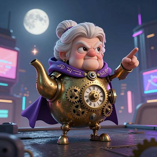 Anthropomorphic Teapot Grandma in Futuristic City