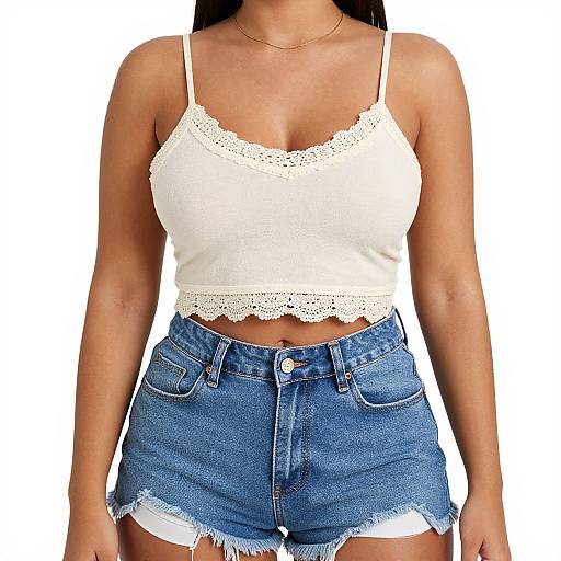 Photograph of a woman with tan skin wearing a white lace-trimmed crop top and high-waisted, frayed denim shorts against a plain