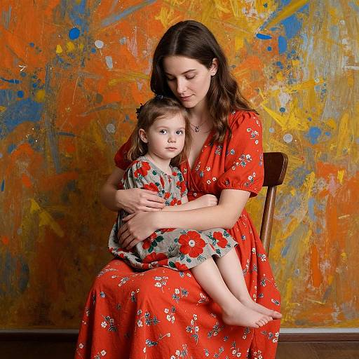 Photograph of a brunette woman in a red floral dress, hugging a young girl with matching outfit, against a vibrant orange and yellow abstract background.