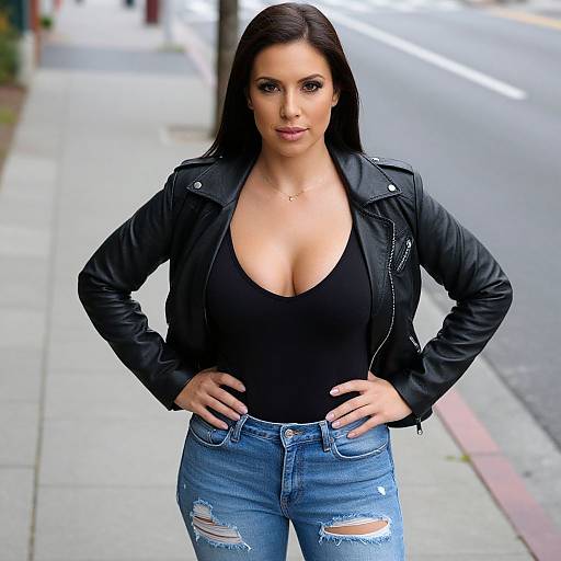 Photograph of a confident, fair-skinned woman with long black hair, wearing a low-cut black top, black leather jacket, and ripped blue jeans