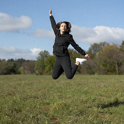 Dynamic Jumping Woman in Grassy Field