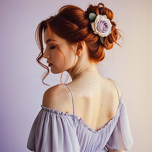Freckled Redhead in Lavender Off-Shoulder Dress