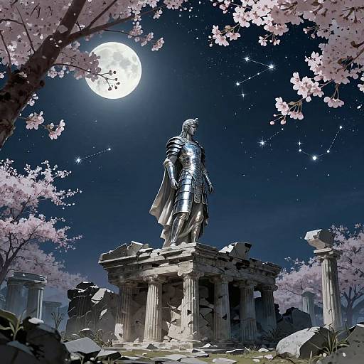 Digital artwork of a metallic, samurai-style statue standing on a ruined, ancient Greek-style column pedestal under a full moon, surrounded by cherry blossoms