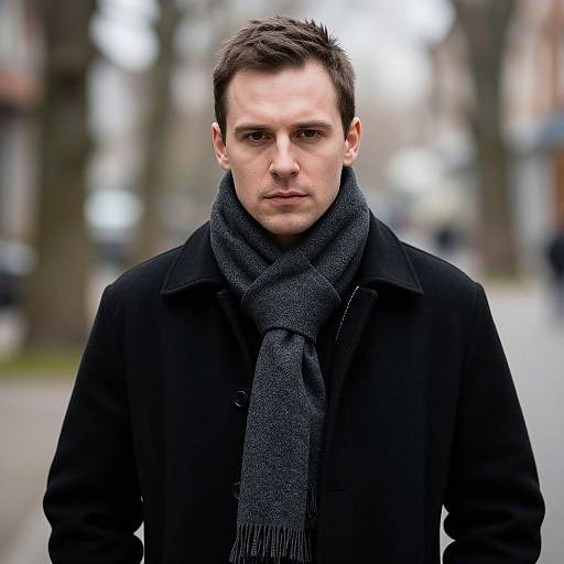 Photograph of a serious, light-skinned man with short brown hair, wearing a black coat and dark gray scarf, standing on a blurred, urban