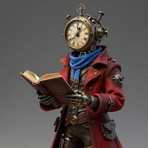 Steampunk figure with a clock head, blue scarf, red coat, and mechanical hands reading an antique book against a grey background.