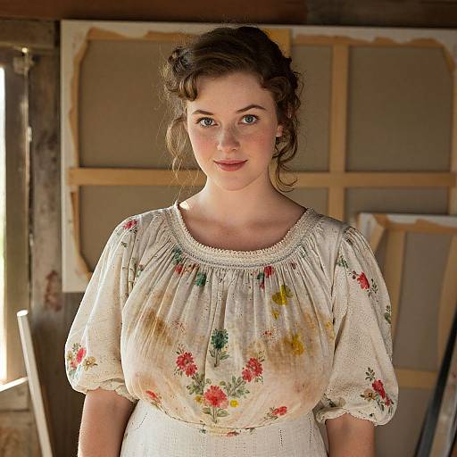 Photograph of a fair-skinned, brown-haired woman with blue eyes, wearing a white, floral-patterned, puffed-sleeve blouse,
