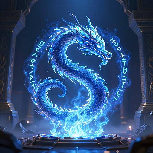 Elegant Blue Fire Dragon with Runes