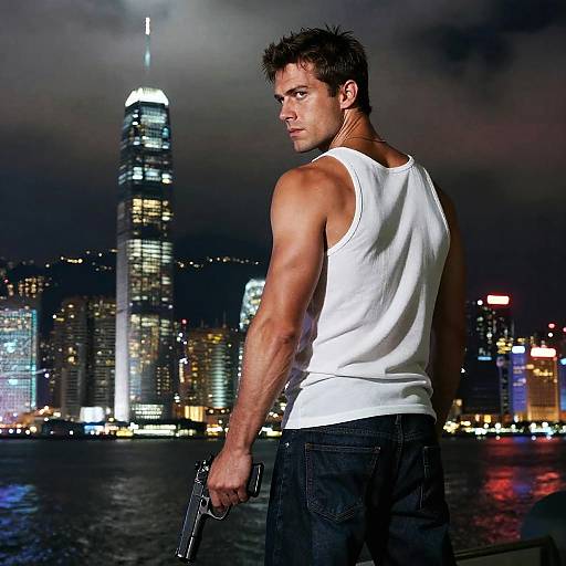 Dramatic Muscular Man in Cityscape at Night