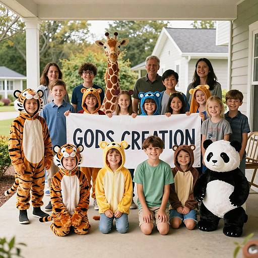 Photograph of 17 children in animal costumes (tiger, giraffe, panda, bear) holding 