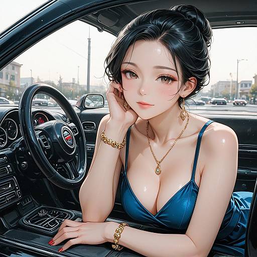 Elegant Woman in Blue Dress Inside Car