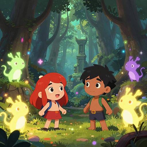 Cartoon children with red-haired girl and black-haired boy, both topless, wearing shorts, backpacks, in enchanted forest with glowing fireflies and