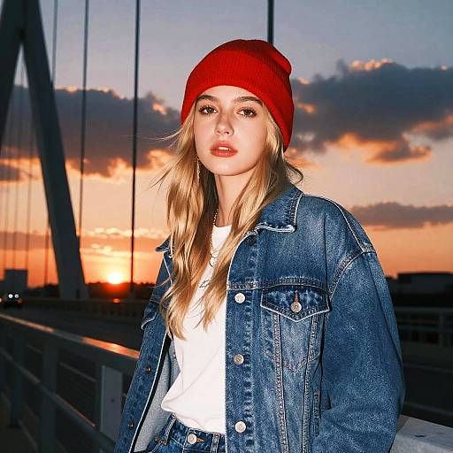 Young Woman in Red Beanie at Sunset on Bridge