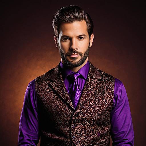 Man in Fancy Brown Vest and Purple Shirt