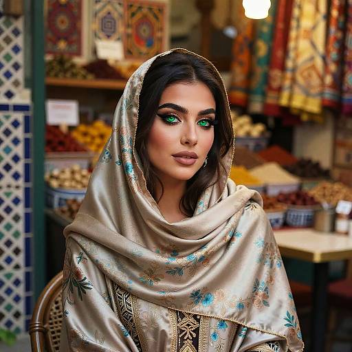 Photograph of a beautiful woman with striking green eyes, wearing a silver, floral-patterned shawl, standing in a colorful, bustling market stall.