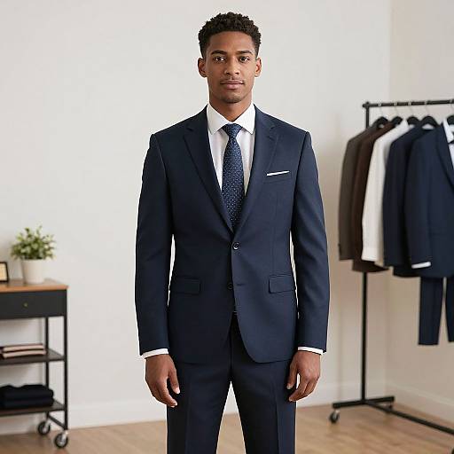 Photograph of a young Black man in a dark navy suit, white shirt, and blue tie, standing in a modern, well-lit clothing store