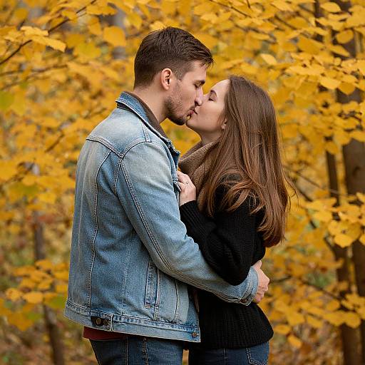 Photograph of a Caucasian couple kissing in an autumn forest, the man in a denim jacket and the woman in a black sweater, surrounded by vibrant yellow