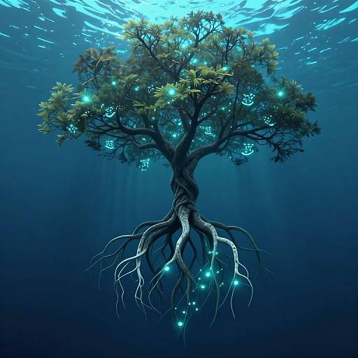 Underwater digital art of a mystical tree with glowing blue fireflies, illuminated by sunlight, roots extending downward in deep blue water.