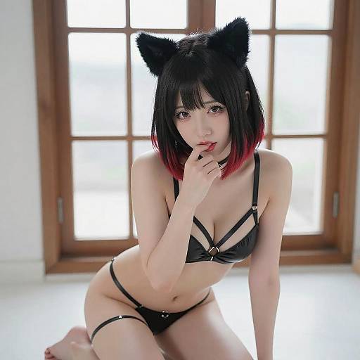 Seductive Asian Woman in Black Lingerie