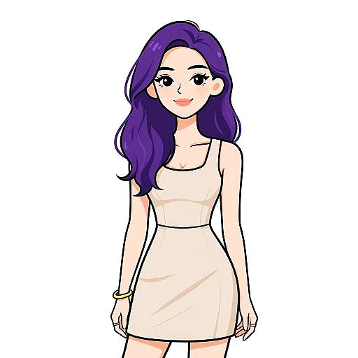 Digital anime-style drawing of a smiling woman with long purple hair, wearing a beige, sleeveless, knee-length dress, against a white background.