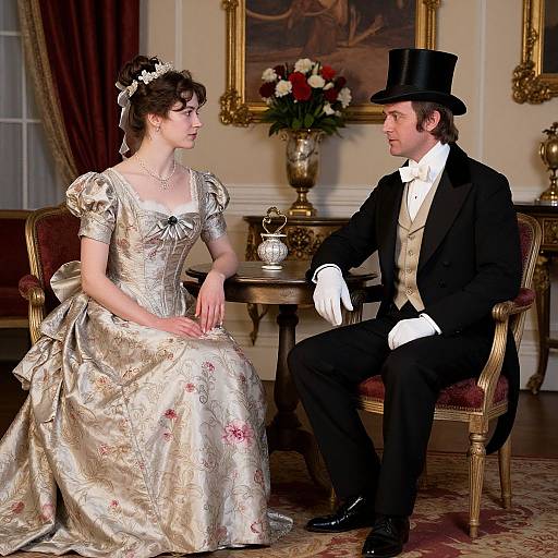Photograph of a Victorian-era couple in ornate attire; woman in shimmering silver dress, man in black tuxedo with top hat, seated