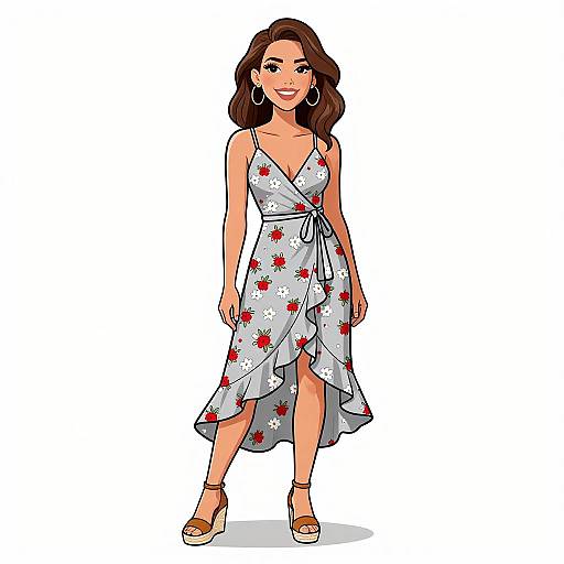 Digital illustration of a smiling woman with wavy brown hair, wearing a light blue, floral-patterned, asymmetrical dress, and brown wedge sandals,