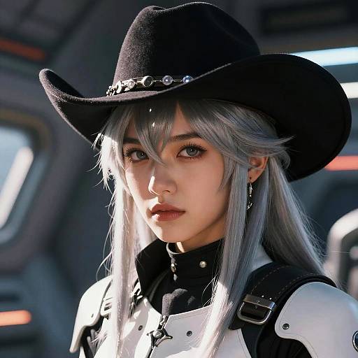 CGI portrait of an anime-style young woman with silver hair, brown eyes, black cowboy hat, white and black futuristic armor. Sunlight highlights her