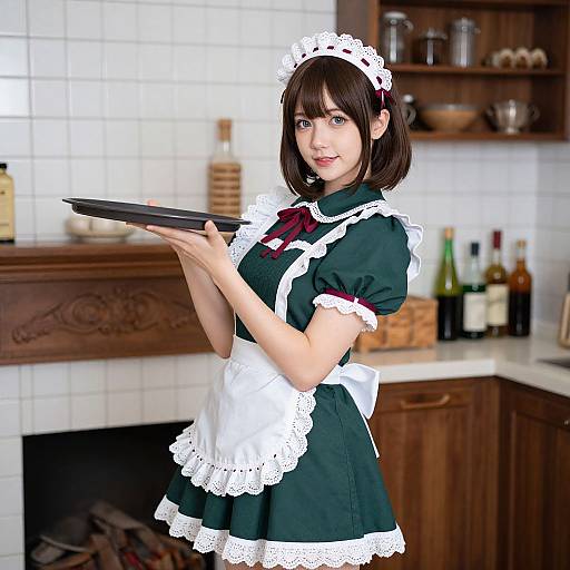 Photograph of a young Asian woman in a black and white French maid outfit, holding a tray, standing in a traditional kitchen with wooden cabinets and white