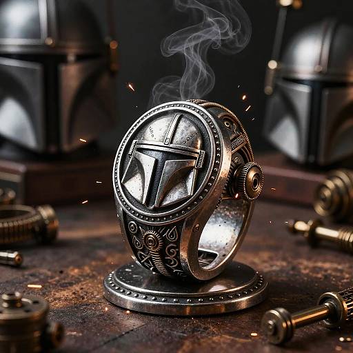 Photograph of a steaming, intricately detailed silver ring with a star symbol, surrounded by scattered gears and bolts on a dark, textured surface,