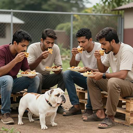 Casual Outdoor Feast with Bulldog Companions