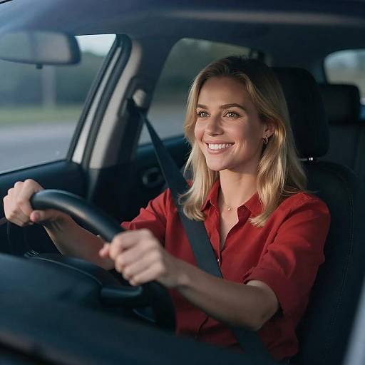 Smiling Woman Driving in Dim Car