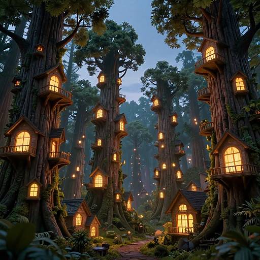 Bioluminescent Tree Village at Twilight