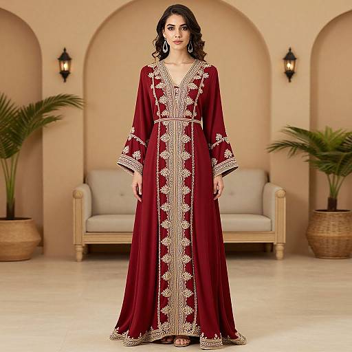 Photograph of a woman with wavy dark hair in a deep red, long-sleeved, embroidered traditional dress, standing in a beige, ar