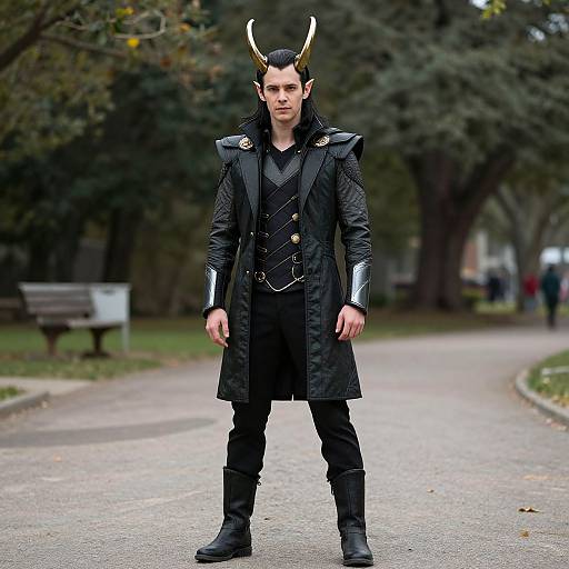 Photograph of a pale-skinned man with black hair wearing black horned headgear, a black coat, and black pants, standing on a park