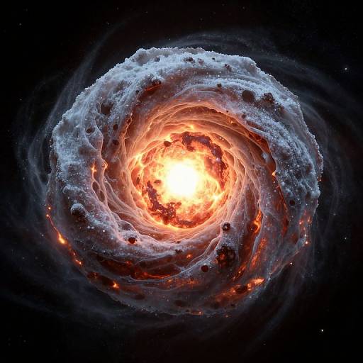 Digital art of a swirling vortex with a glowing, fiery core surrounded by white, textured tendrils and red, molten particles in a black space backdrop