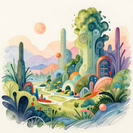 Vibrant, surreal digital artwork featuring whimsical buildings with arched windows, colorful plants, and abstract shapes under a pink and blue sunset.