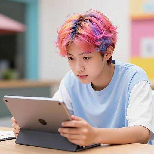 Photograph of an Asian teenager with vibrant pink and blue hair, wearing a white t-shirt, intently using a silver tablet outdoors.