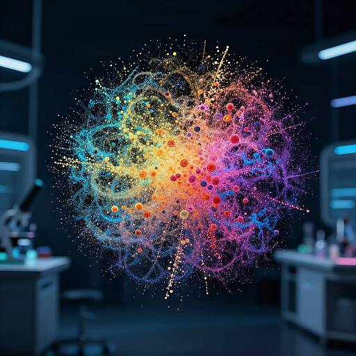 Vibrant digital artwork of a colorful, glowing molecular explosion in a dark laboratory, with blurred scientific equipment on both sides.
