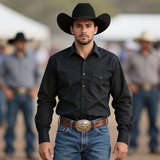 Photograph of a handsome, bearded man in a black cowboy hat, black shirt, and blue jeans with a large silver belt buckle, standing confidently