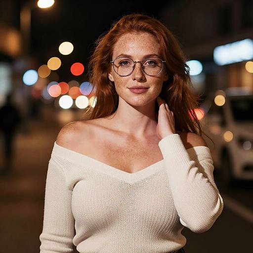 Photograph of a red-haired woman with freckles wearing glasses and a white off-shoulder sweater, standing on a nighttime street with blurred city