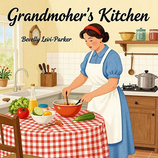 Digital illustration of a vintage-style woman in a blue dress and white apron, mixing in a red bowl at a red-checkered table in a cozy