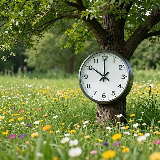 Photograph of a white clock with black numbers and hands, mounted on a tree trunk in a vibrant, sunlit meadow with colorful wildflowers and