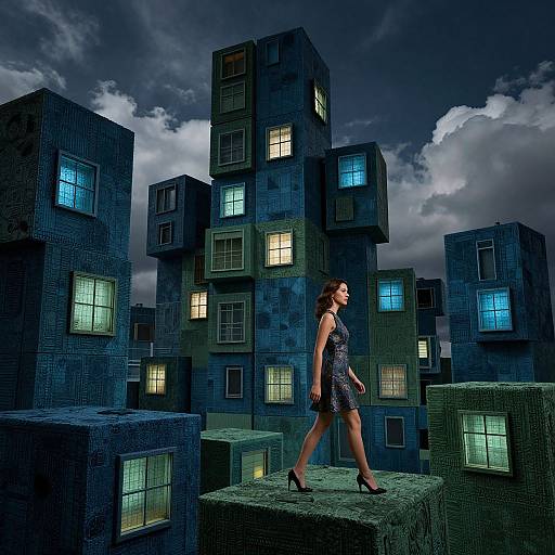 Photograph of a woman in a black, sparkly mini dress and high heels, walking on a textured, dark blue cube structure, with glowing window